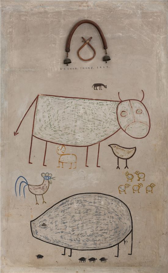 (벽화작품) 장욱진,동물가족, 회벽에 유채, 209x130cm, 1964, 양주시립장욱진미술관 소장