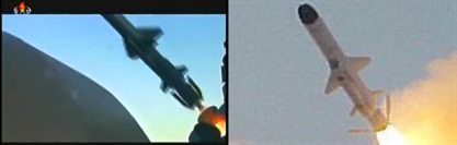 인도 함정에서 발사되는 우란 미사일(오른쪽)과 북한의 신형 대함 미사일