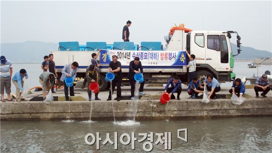 영광군은 염산면 청우항 해역에서 대하 종묘 방류행사를 가졌다.