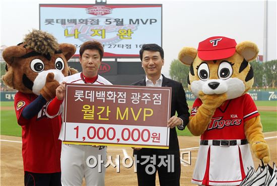 KIA타이거즈 4번 타자 나지완이 롯데백화점 광주점이 시상하는 5월 월간 MVP에 선정돼 25일 광주 SK전에 앞서 시상식을 가졌다.
나지완은 5월 한 달간 24경기에 출전, 92타수 39안타(7홈런) 27타점 16득점 타율 0.424의 빼어난 성적을 거뒀다.
이날 시상은 롯데백화점 광주점 류민열 점장이 했고, 시상금은 100만원이다.
