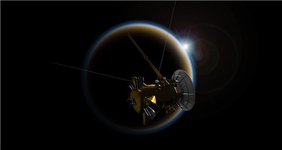 ▲카시니호가 토성의 달인 타이탄을 탐험하고 있다.[사진제공=NASA] 