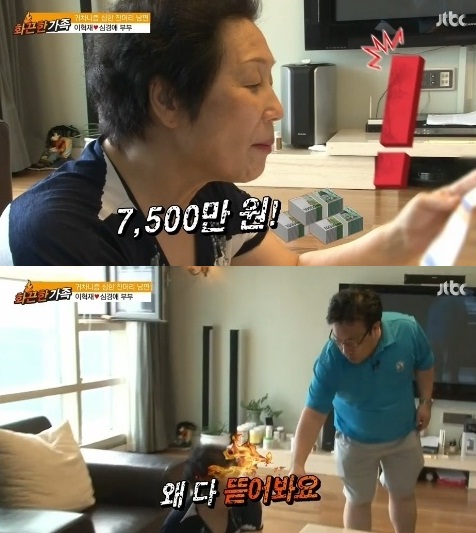 ▲방송인 이혁재의 어머니가 아들의 빚 독촉장에 속상해했다. (사진:JTBC '화끈한 가족' 영상 캡처)