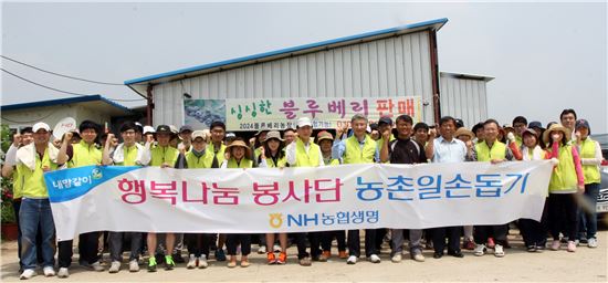 NH농협생명 임직원들이 경기도 화성시 장안면에서 농촌일손돕기 행사를 펼치고 기념촬영을 하고 있다. 25일 열린 이번 행사에는 나동민 대표이사를 비롯해 임직원 50여명이 참여했다. 