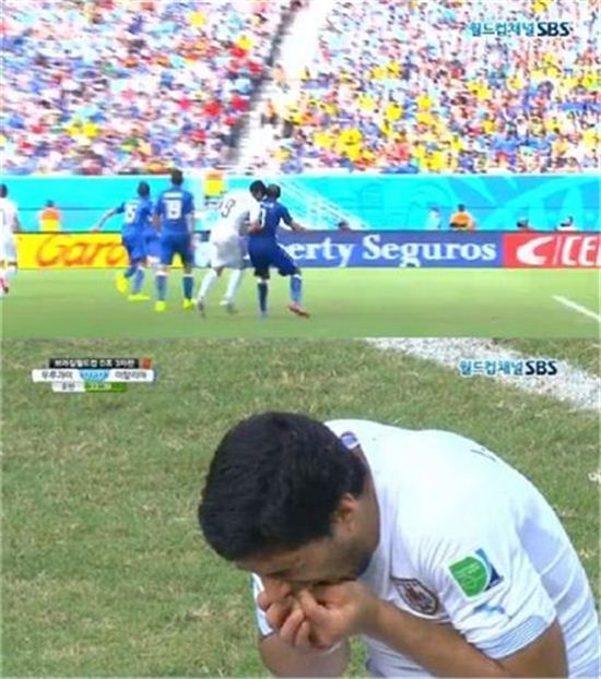 ▲'핵이빨' 수아레스가 FIFA로부터 4개월 선수 자격정지 징계를 받았다.(사진:SBS 중계 영상 캡처)