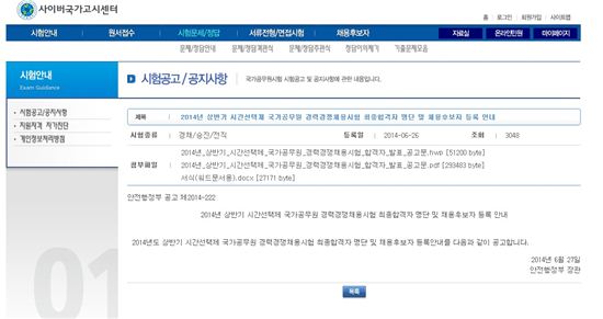 ▲안행부 공고 .2014년 상반기 시간선택제 국가공무원 최종합격자 명단란.(사진: 사이버국가고시센터 홈페이지 캡처)
