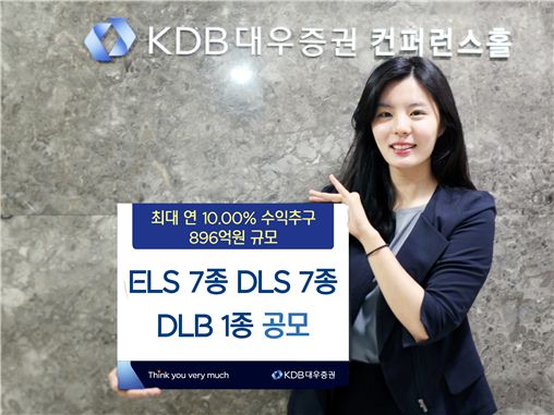 KDB대우증권은 최대 연 10.00% 수익률의 DLS 외 7종, 최대 연 8.60% 수익률의 ELS 외 6종을 각각 1일부터 총 896억원 규모로 판매한다.