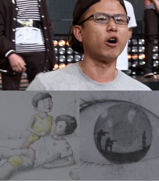▲ 북한 출신 래퍼 강춘혁과 그가 그린 그림(사진: Mnet 제공)