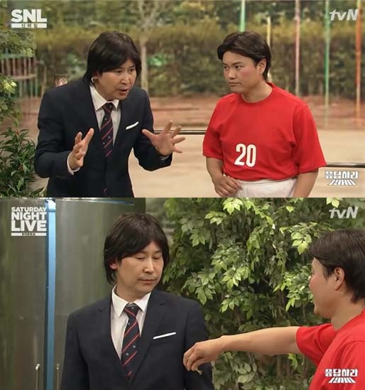 ▲5일 방송된 'SNL 코리아'에서 홍명보 축구대표팀 감독을 풍자했다.(사진:tvN 'SNL코리아' 방송 캡처) 