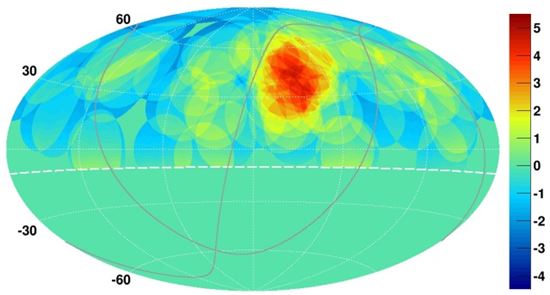 ▲극한에너지가 나오는 우주 영역은 붉은색 지점으로 큰곰자리의 북두칠성 근처인 것으로 확인됐다.[사진제공=성균관대]
