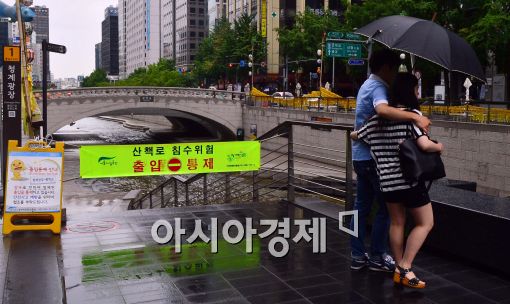 [포토]비 내리는 서울도심, 청계천 통제