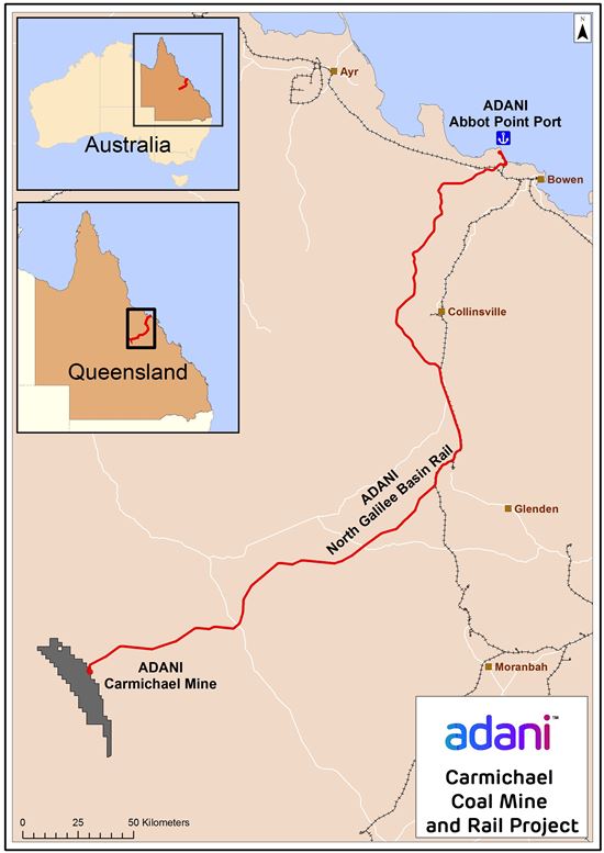 호주 퀸즈랜드주 카마이클 광산과 애봇 포인트 수출항만을 잇는 철도건설 현장 위치도(출처: 포스코건설)