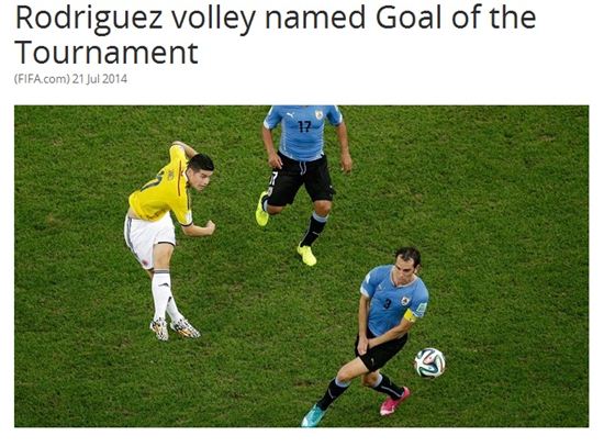 하메스 로드리게스의 발리슛이 월드컵 최고의 골로 선정됐다.(사진: FIFA 홈페이지 캡처)
