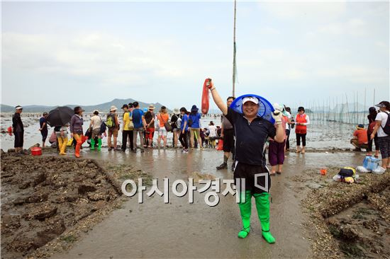 [포토]맨손으로 물고기 잡고 환호하는 관광객
