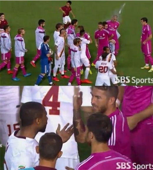 레알 마드리드와 AS로마의 경기 시작 전 선수들 사이의 신경전이 벌어졌다.(사진: SBS 스포츠 방송 캡처)