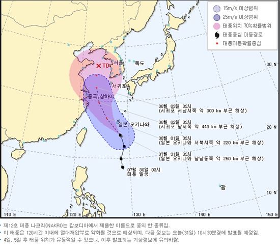 태풍 나크리, 31일부터 간접 영향권…주말 피서객 주의요망