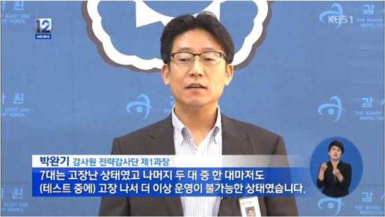 로봇물고기의 불량 판정에 대해 브리핑하는 박완기 감사원 차장(사진: KBS 방송화면 캡처)