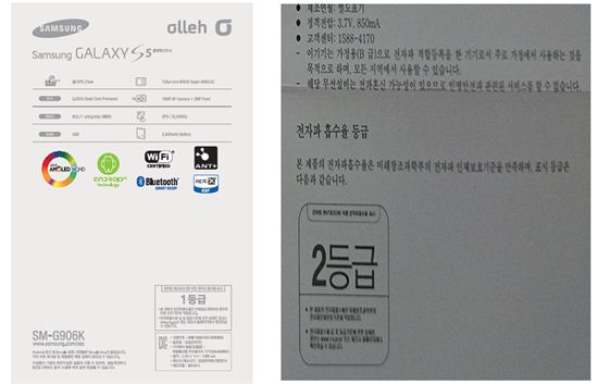 휴대폰 전자파 등급을 제품 포장상자에의 표시 할 경우(왼쪽)와  별도 안내문에 표시할 경우(오른쪽) 
