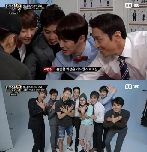 앤디가 다른 신화멤버들과 함께 이민우를 응원하러 '댄싱9'에 출연했다.(사진:Mnet '댄싱9' 방송 캡처)