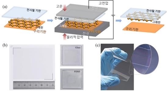 ▲열·전기장·기계적압력을 이용한 그래핀의 직접 전사방법(a). 기판에 전사된 그래핀(b). PET기판에 전사된 그래핀(c).[사진제공=미래부]
