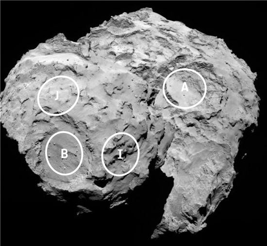 ▲오는 11월 혜성에 필레가 내려간다. 혜성의 착륙 예정 지역들.[사진제공=ESA/Rosetta]