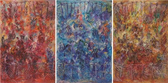 개화-땅-빨강,파랑,노랑, 2012, 130x194cm(each), Oil on Cavas