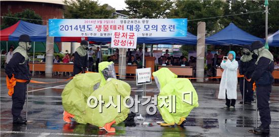 장흥군(군수 김성)은  3일 장흥군보건소 광장에서 장흥경찰서(서장 김철우)를 비롯한 7개 기관이 참여한 가운데  ‘2014 생물테러 대응 모의 합동훈련’을 실시했다. 
