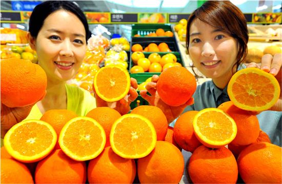 12일 홈플러스 영등포점에서 모델들이 칠레산 오렌지를 선보이고 있다. 