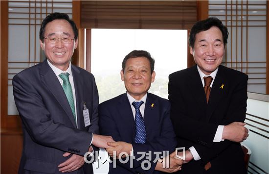 이낙연 전남도지사(오른쪽)와 윤장현 광주광역시장(가운데), 송하진 전북도지사(왼쪽)는 19일 오후 국회 귀빈식당에서 호남권 시도지사 간담회를 갖고, 3개항에 합의했다. 합의사항은 “①3개시도는 불필요한 경쟁을 자제하고 상생발전을 위해서 최대한 협력한다. ②2004년부터 2008년까지 가동했던 3개시도 호남권 정책협의회를 연내에 재가동한다. ③이런 문제 등을 협의하기 위해서 10월5일 전라북도 순창에서 회동한다.”이다. 사진제공=전남도

 
