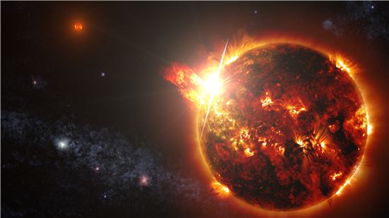 ▲60광년 떨어진 쌍성계에서 태양 플레어보다 1만배 강력한 플레어가 관측됐다.[사진제공=NASA]