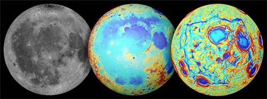 ▲눈으로 보는 달, 지형학으로 해석한 달, GRAIL로 분석한 달.(왼쪽부터).[사진제공=NASA]