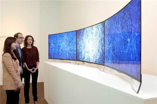 LG디스플레이가 서울대학교 미술관에서 오는 12월 7일까지 열리는 'Hybrid Highlights-Switzerland& Korea: 예술-인간-과학 展'에 비디오 아트 작품 전시용 55인치 곡면형 OLED TV를 지원한다. 전시회 관계자들이 OLED TV에 전시된 작품을 살펴보고 있다.