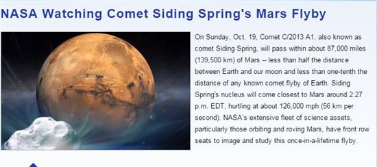 사이딩 스프링 혜성 화성 접근 [사진출처=NASA 홈페이지 캡처]