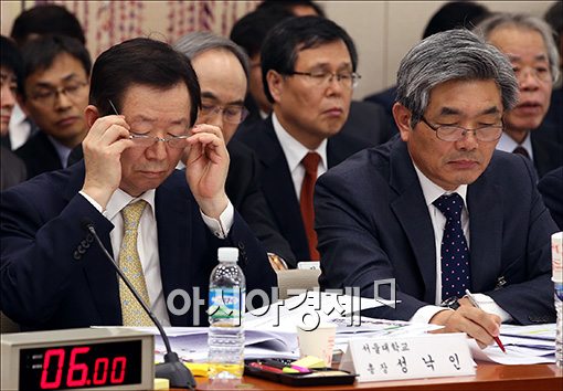 성낙인 서울대학교 총장(왼쪽)이 23일 국정감사에서 자료를 검토하고 있다. 