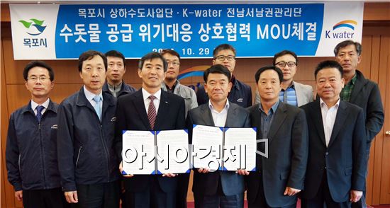 목포시를 비롯한 전남남서부 지역 9개시군에 수돗물을 공급하고 있는 K-water 전남서남권관리단과 목포시 상하수도사업단은 29일 ‘수돗물 공급 위기대응 상호협력 협약(MOU)’을 체결했다.

