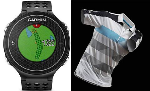 전 세계 3만8000개 골프장의 홀과 그린을 탑재하고 있는 손목시계형 GPS(왼쪽)와 몸의 열을 식혀주는 특수 소재를 사용한 냉각셔츠.