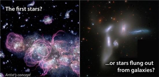 ▲우주배경복사 이론에는 우주 최초의 별과 은하에서 생성되는 이론(좌)과 은하들 사이의 흩뿌려진 별들 이론(우)이 있다.[사진제공=천문연]
