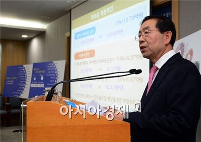 10일 서울시청 브리핑실에서 박원순 시장이 2015년도 예산안에 대해 설명하고 있다. (사진 : 백소아 기자)