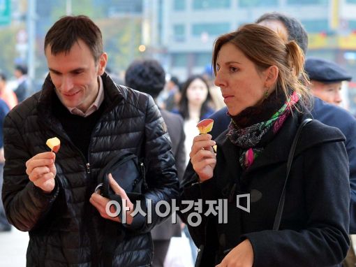 [포토]청송사과 맛보는 외국인 관광객들