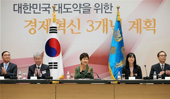 박근혜 대통령(중간)이 취임 1주년을 맞은 지난 2월 25일 ‘경제혁신 3개년 계획’을 발표하는 자리에서 박수를 치고 있다. <사진: 청와대>