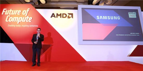 지난 20일 'Future of Compute' 행사에서 AMD 프리싱크 기술이 탑재된 모니터에 대해 설명하고 있는 삼성전자 동남아총괄 조 찬(Joe Chan) 상무. / 
