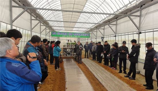 <신안군 양파 재배농가들이 2일 ‘양파 생력 기계화재배 현장이용 기술교육’을 받고 있다.>
