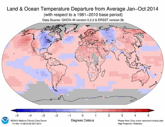 ▲2014년 지구온도. 붉은색은 1981~2010년까지 평균기온도다 높다는 것을, 푸른 색은 낮다는 것을 의미한다.[사진제공=사이언스]
