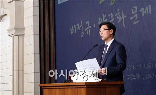 이기권 고용노동부 장관은 4일 오후 서울 여의도CCMM 빌딩에서 열린 노동시장 구조개혁 관련 토론회에 참석해 축사를 하고 있다.
 