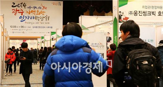 광주광역시가 지난 5일부터 6일까지 이틀간 김대중컨벤션센터 다목적홀에서 개최한 ‘2014 광주 지역희망 일자리 박람회’에 5000여명의 구직자가 몰려 대성황을 이뤘다.