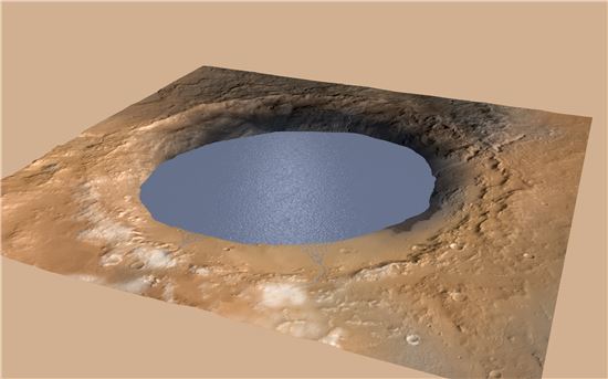 ▲화성의 게일 크레이터는 예전 거대한 호수였다는 가설이 나왔다.[사진제공=NASA]