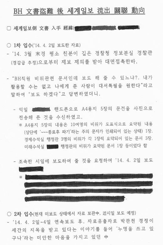 박범계 새정치민주연합 의원이 입수한 'BH 문서도난 후 세계일보 유출 관련 동향' 보고서