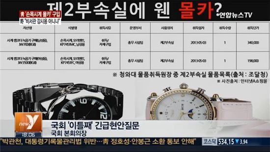 청와대 제2부속실서 구입한 '몰카 시계' [사진=연합뉴스TV 캡처]
