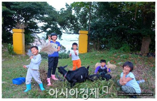 완도 울스약 창조학교 농촌유학센터에서 생활하는 어린이들이 학교에서 기르는 흑염소들에게 먹이를 주고 있다.
