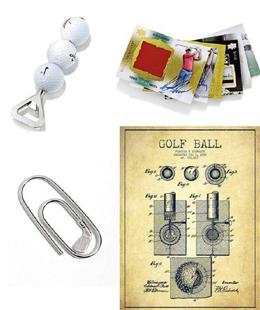 소그래스TPC에서 건진 공으로 만든 병따개, 골프스타의 친필 사인이 든 엽서, 골프공 특허 그림, 수제 머니클립.(왼쪽 위부터 시계방향)