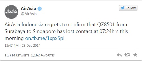 에어아시아 여객기 실종…트위터에 "통신 두절, 알리게 돼 유감"